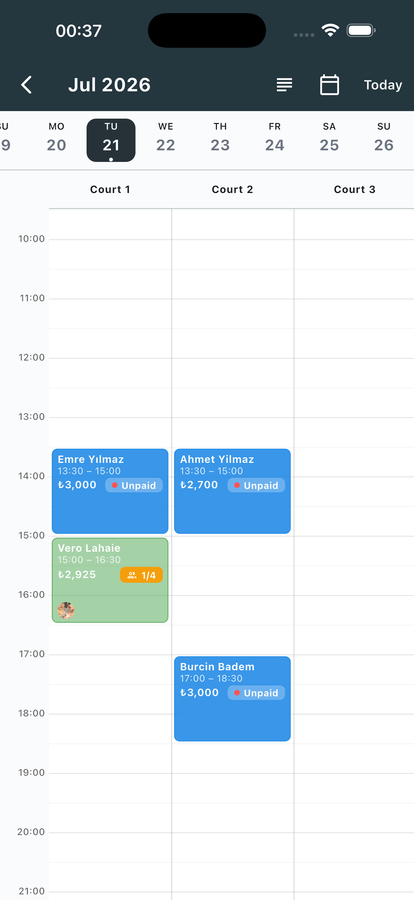 Vista de calendario del administrador