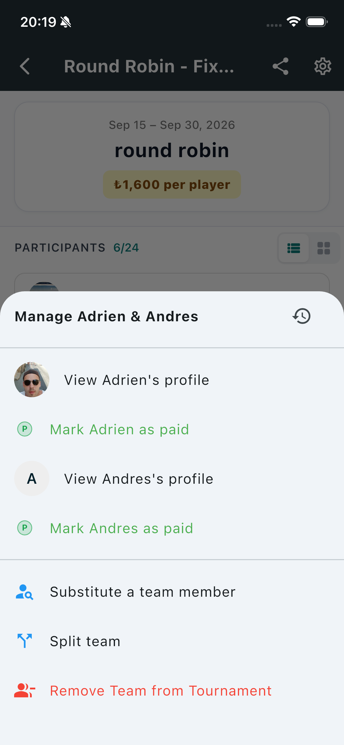 Manage team action sheet in the lobby