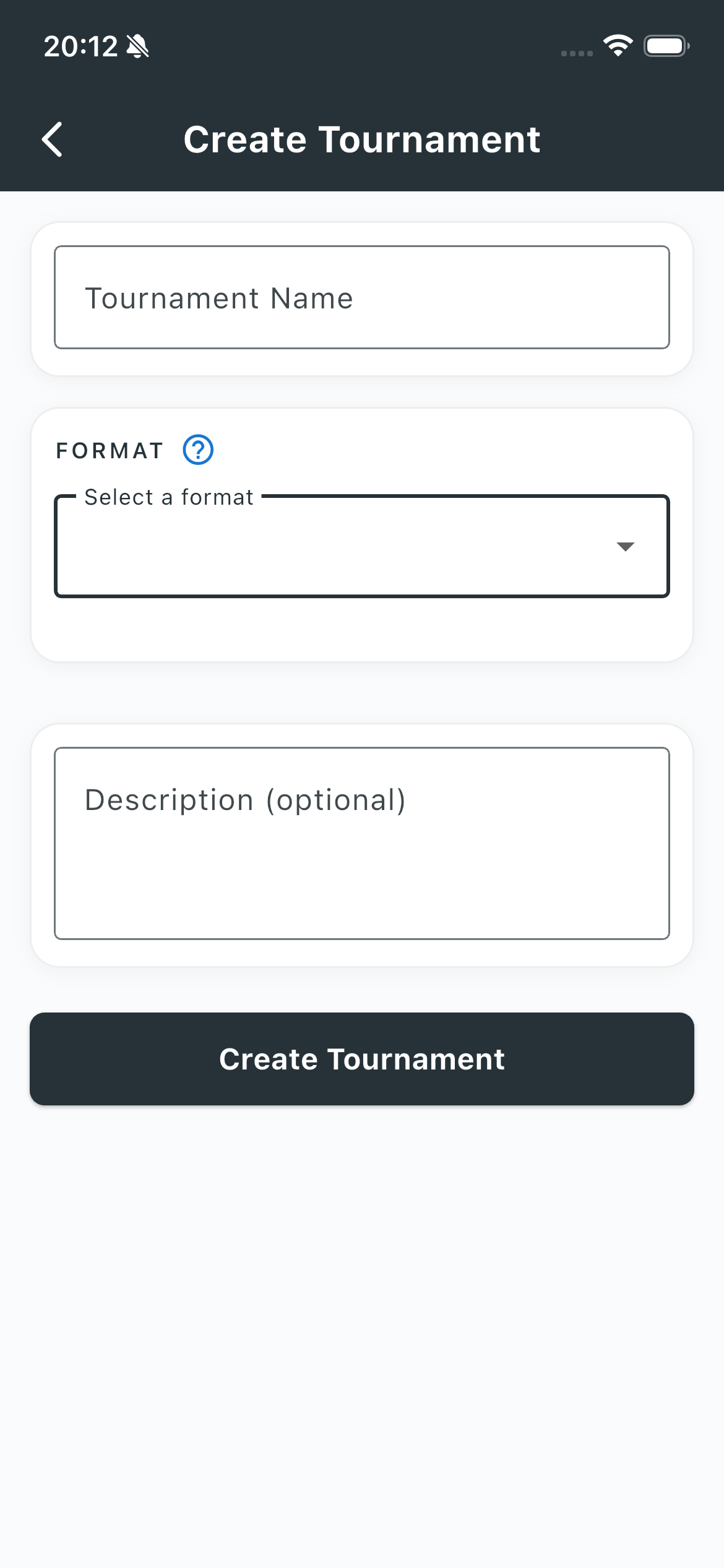 Create Tournament screen with format picker