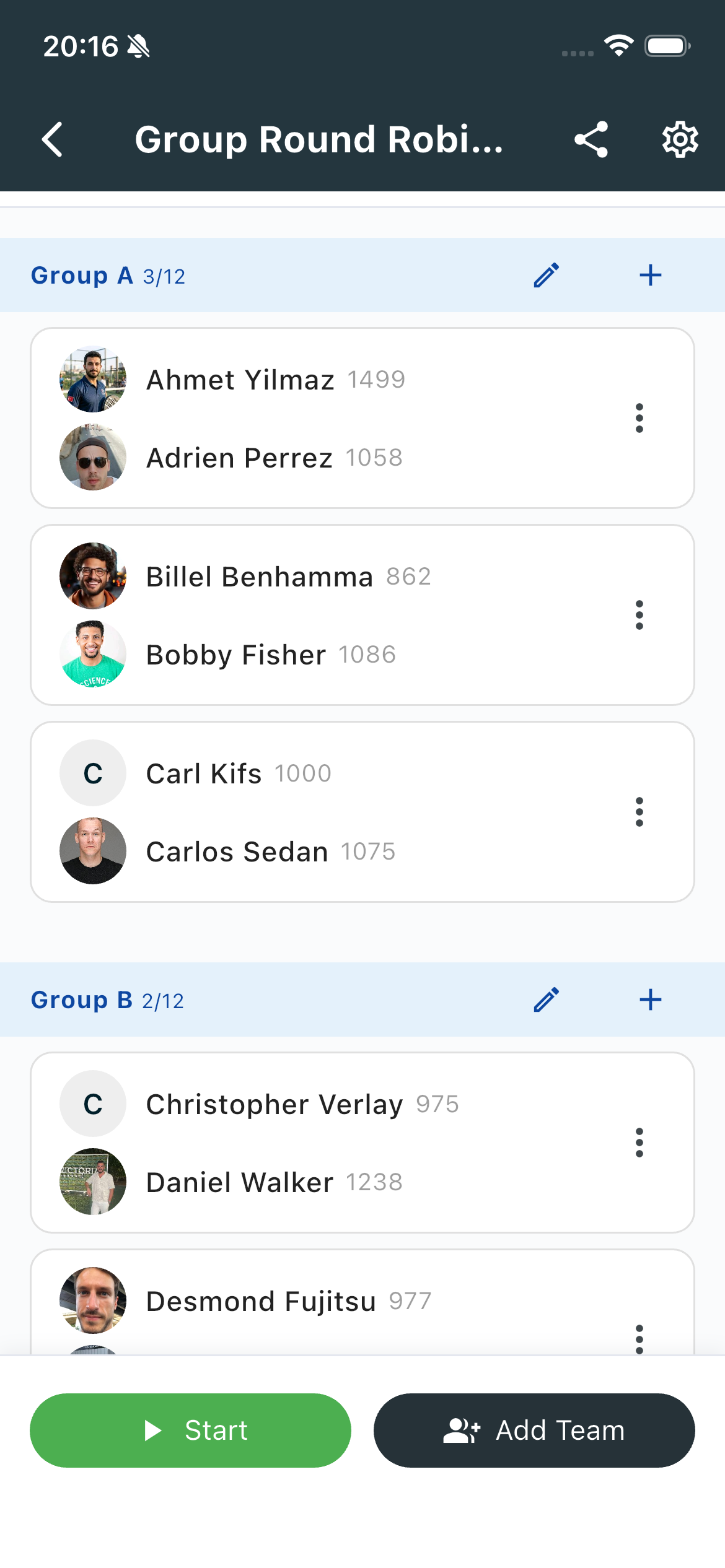 Group Round Robin lobby with teams in groups