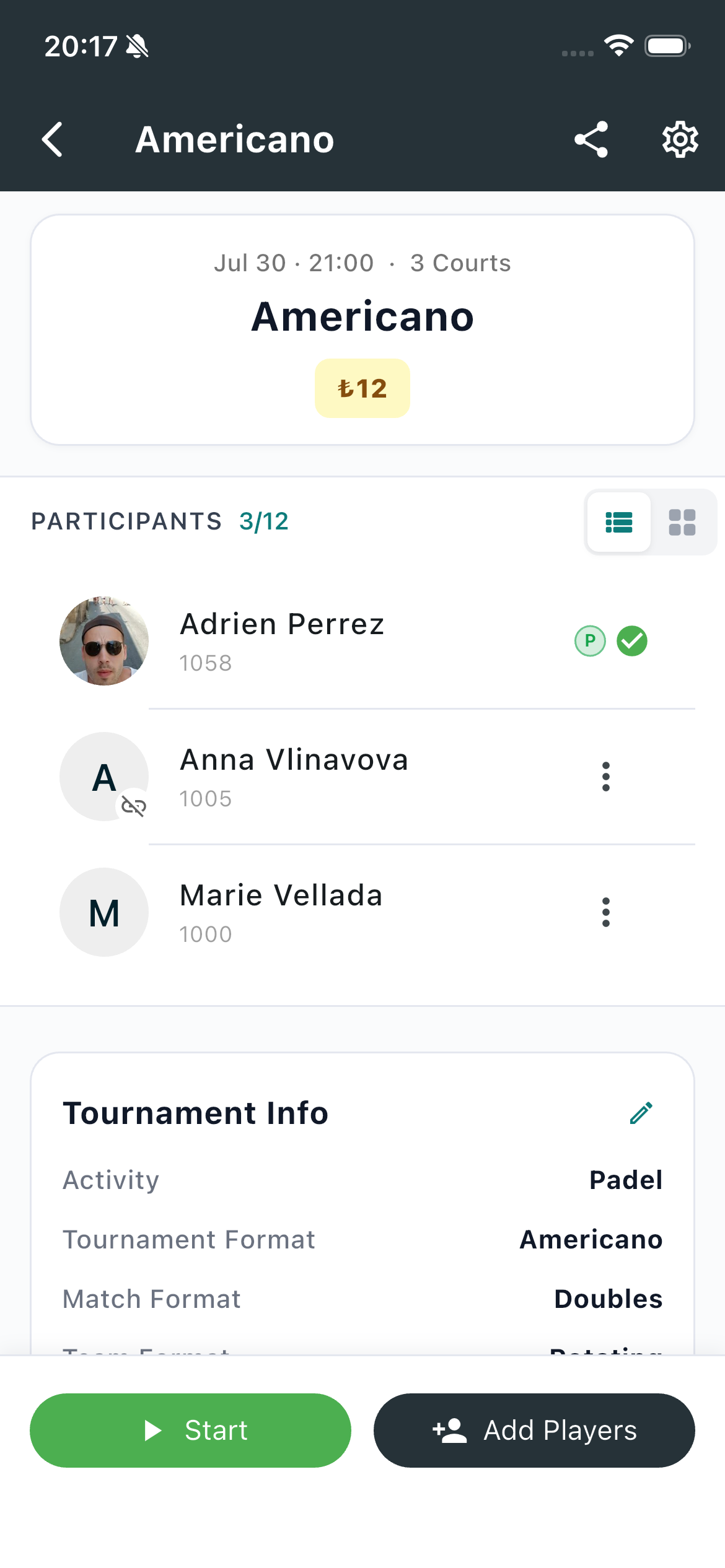 Americano lobby with player list