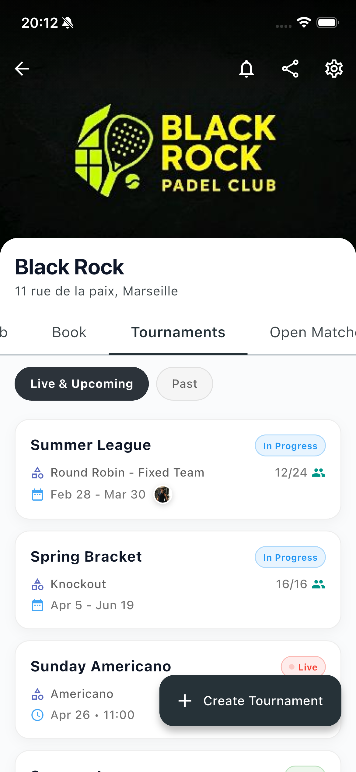 Tournaments tab with Create Tournament button