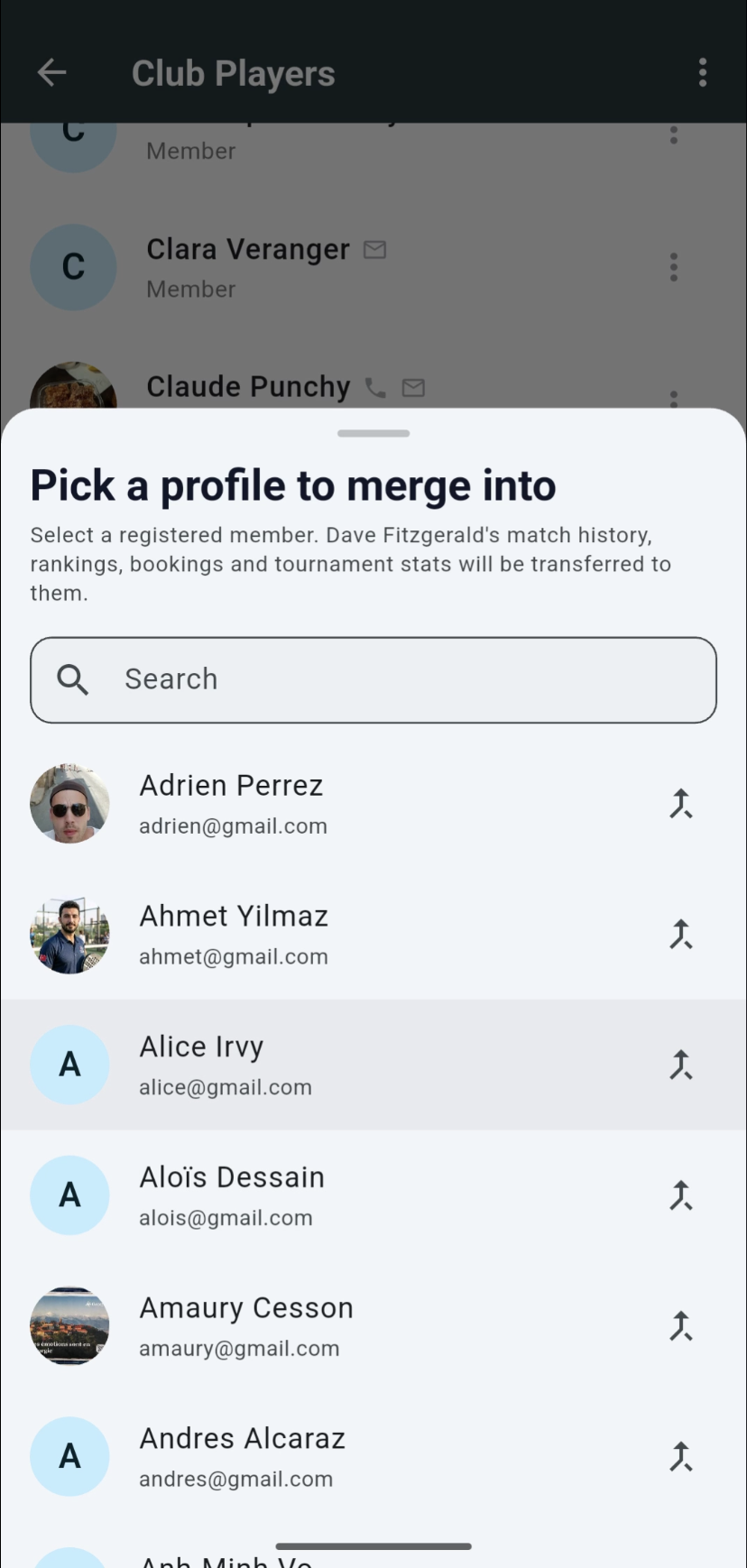 Pick a registered profile to merge into