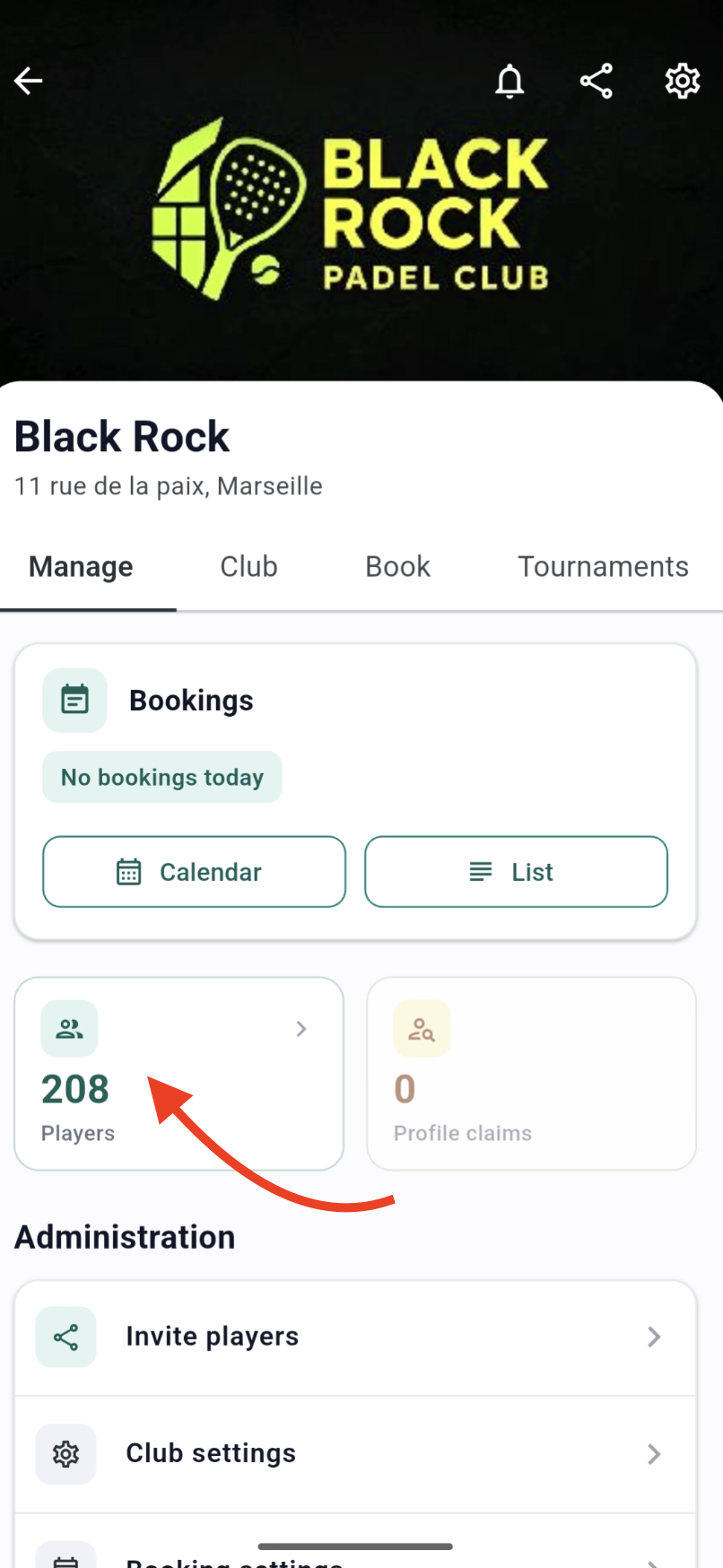 Players card on the Manage tab