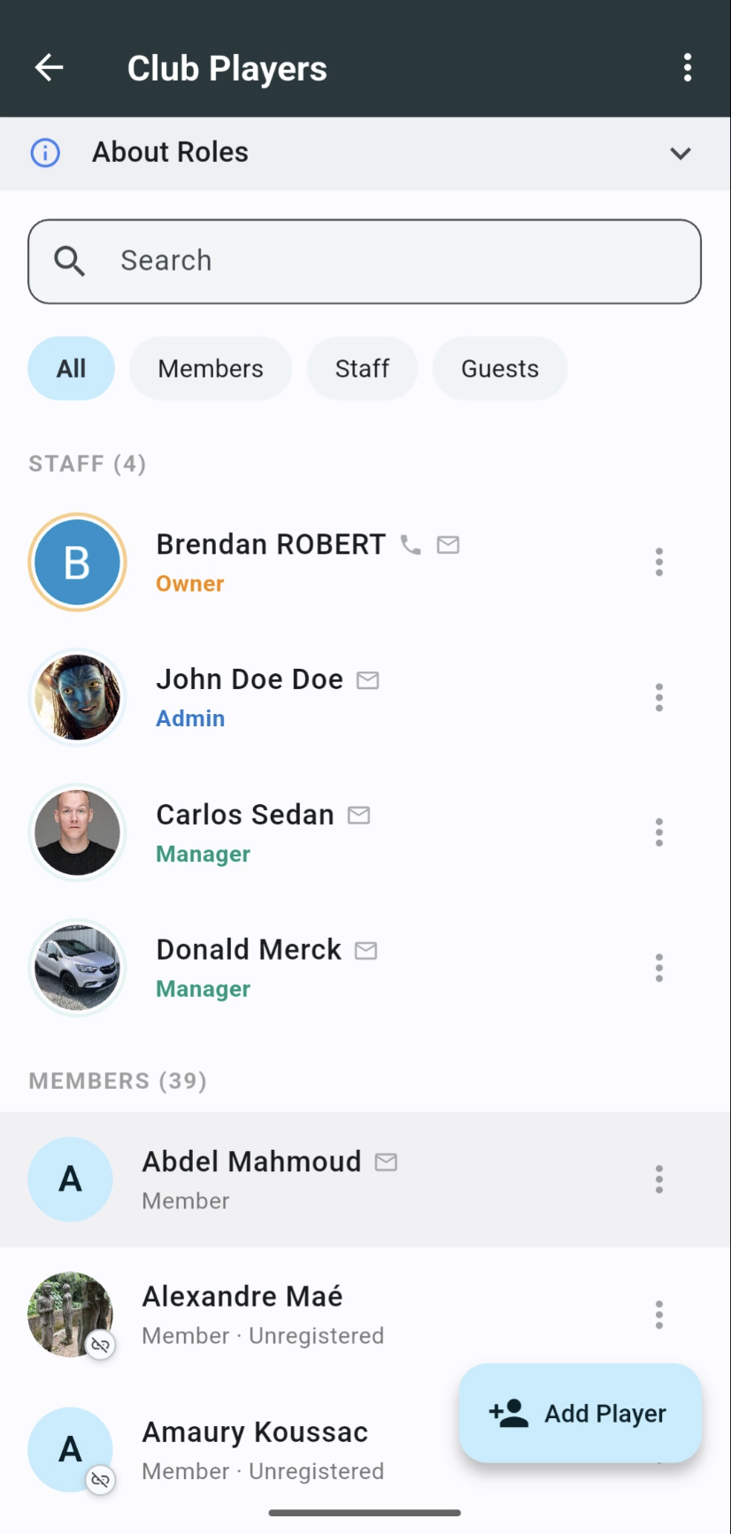 Club players list with Add Player button