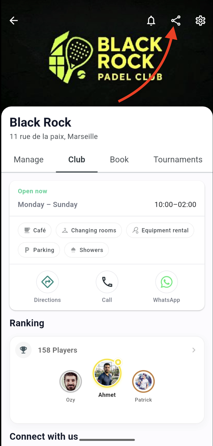 Share button on the club profile