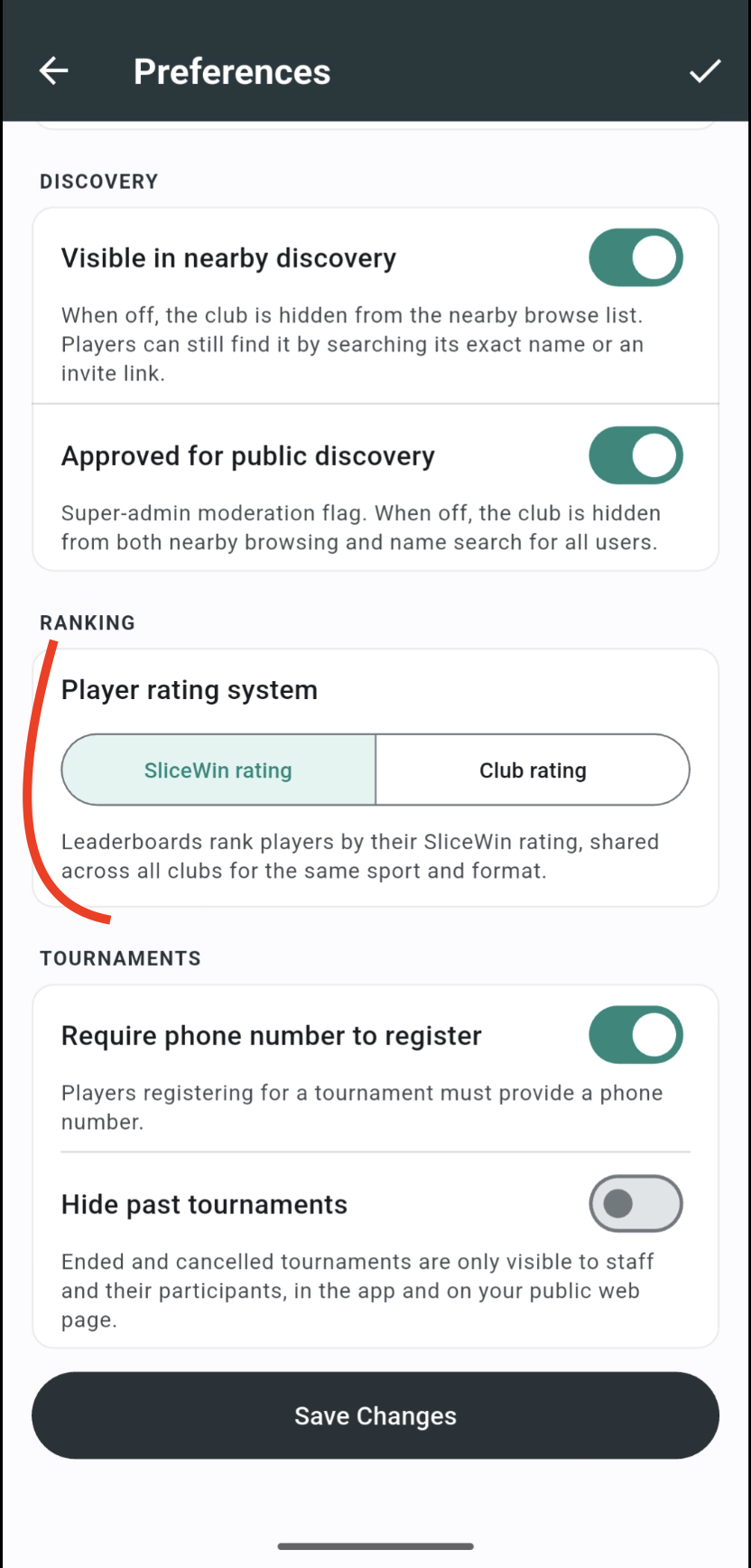 Sistem rating pemain di Preferensi, dengan Rating SliceWin dan Rating klub