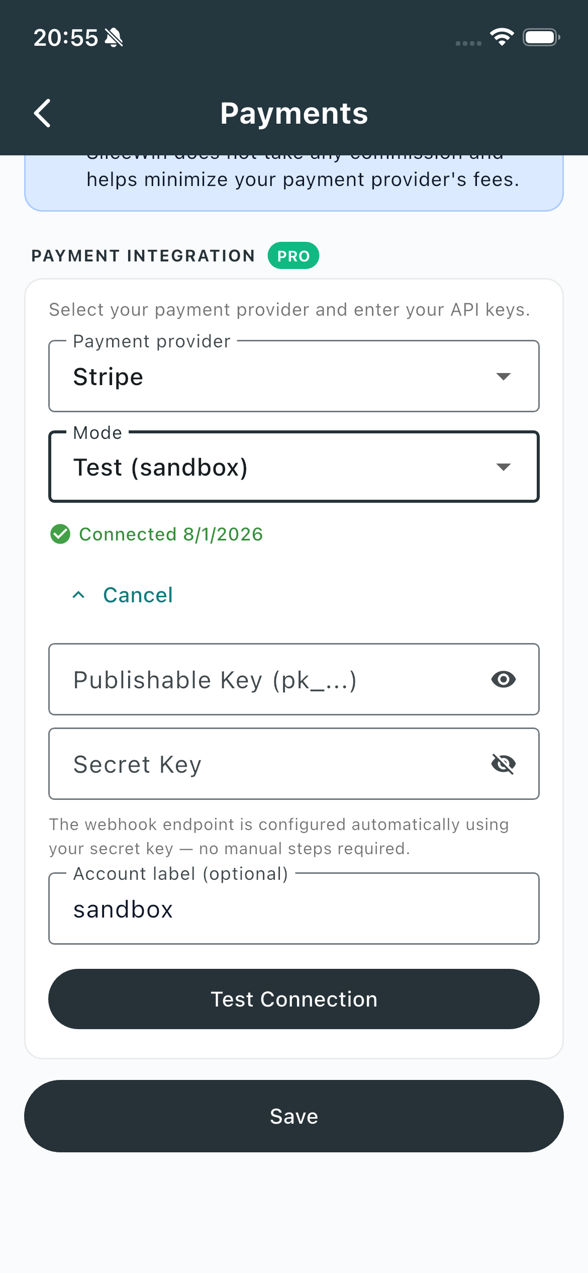 Payments settings with Stripe API keys