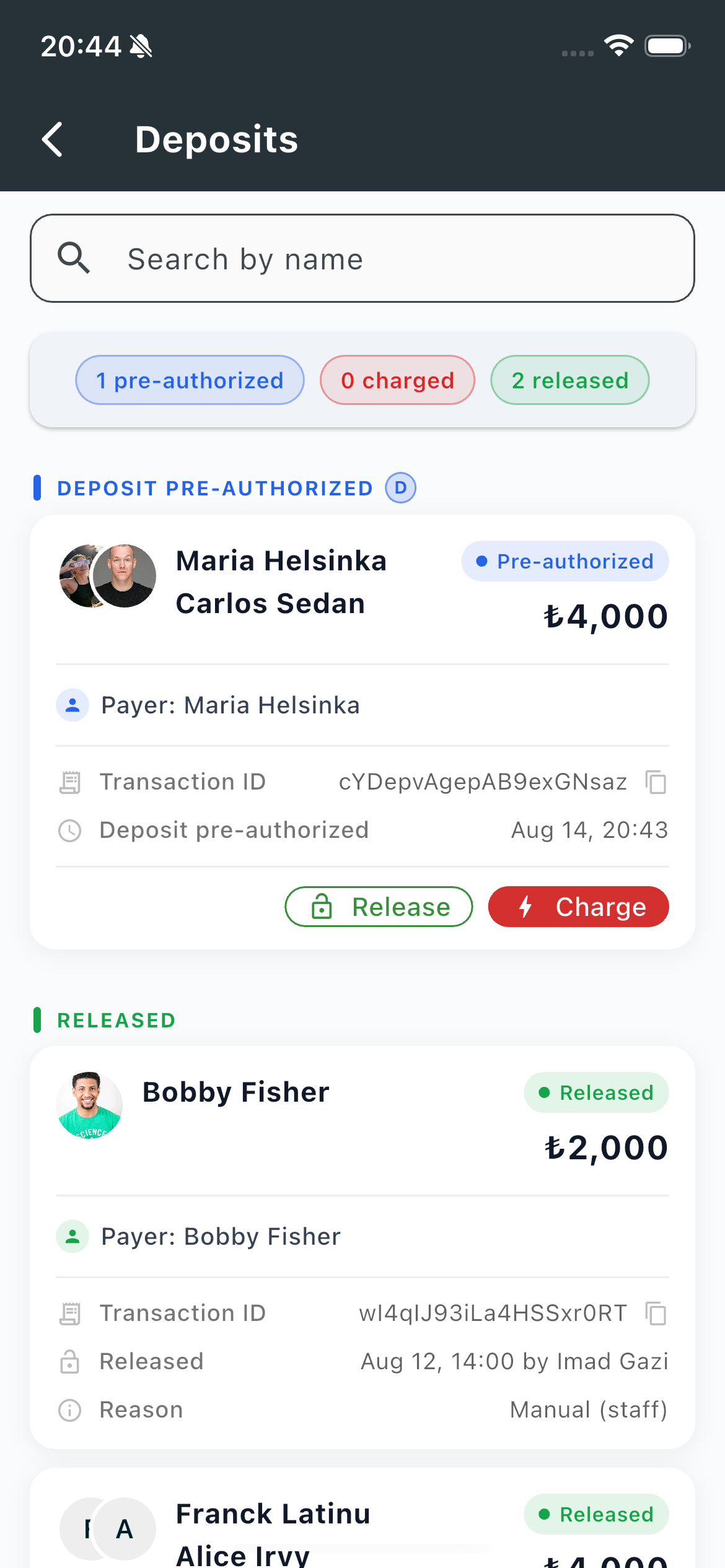 Deposits list with pre-authorized and released holds