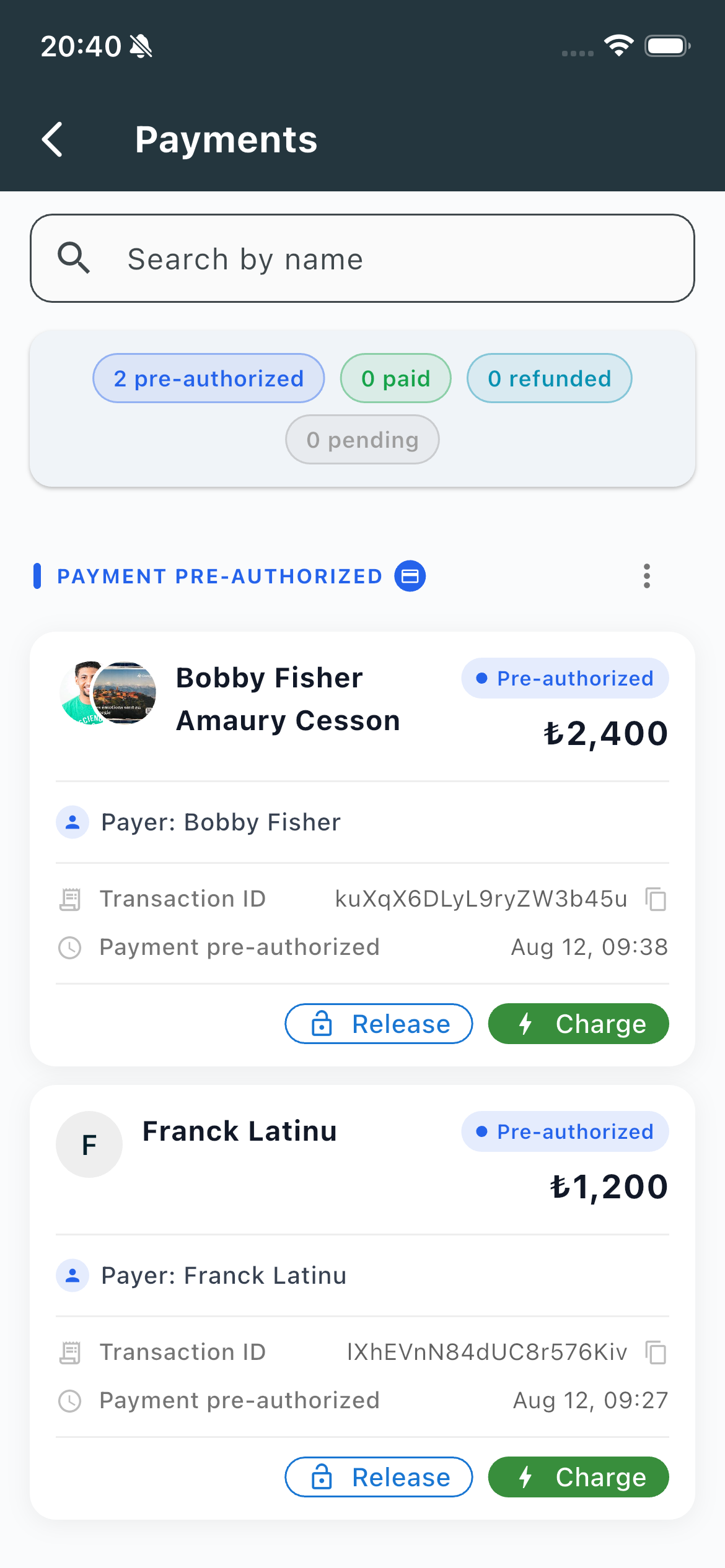 Payments list with pre-authorized registration fees