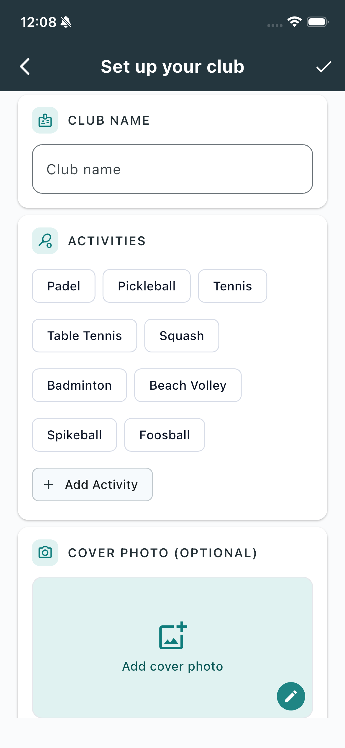 Set up your club screen with name, activities, and cover photo