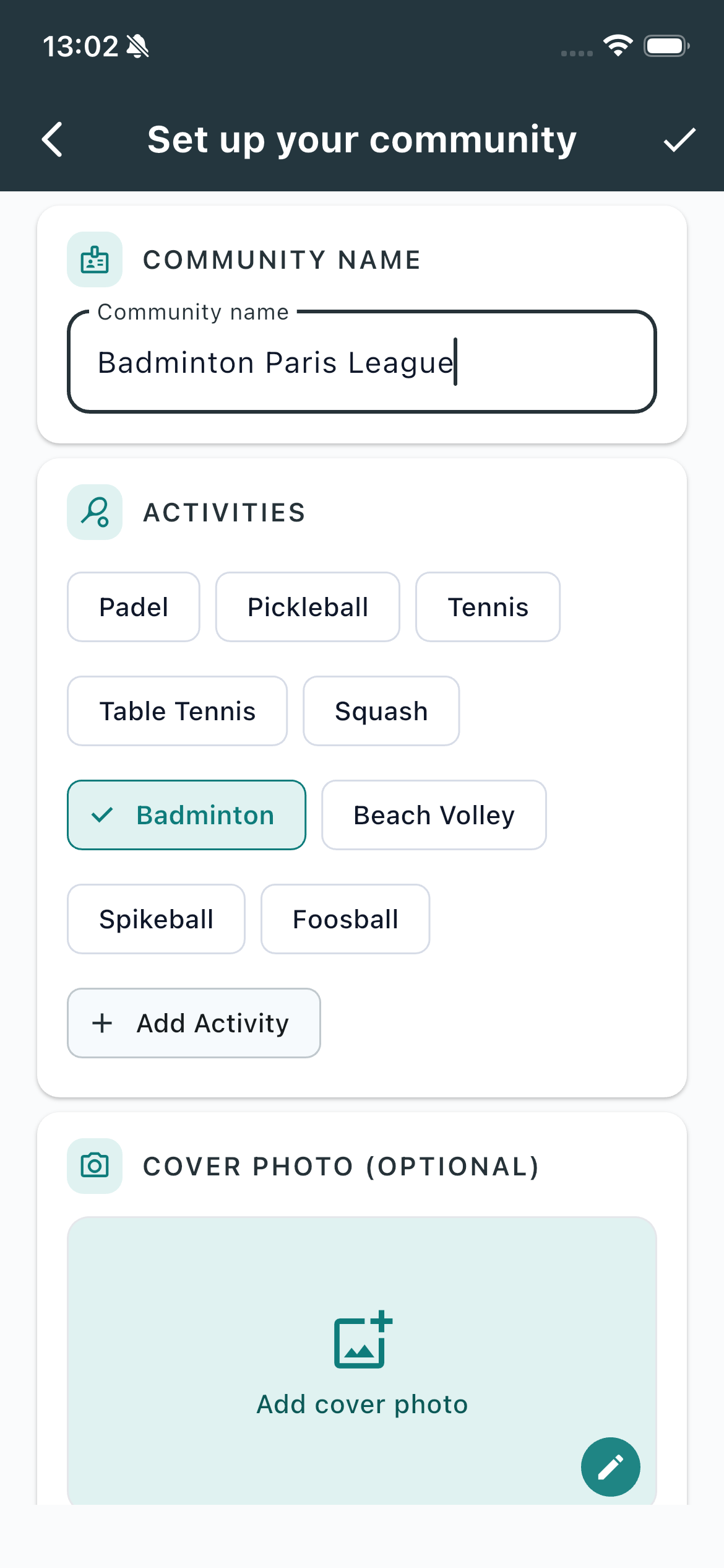 Set up your community screen with name, activities, and cover photo